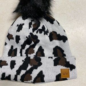 White Leopard Pom Pom Beanie